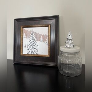 Framed Winter Scene Art and Silver Tree Jar Bundle
